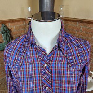 Vintage 1970s Shirley of Atlanta Blue Plaid Pearl Snap Western Blouse Size 32 M
